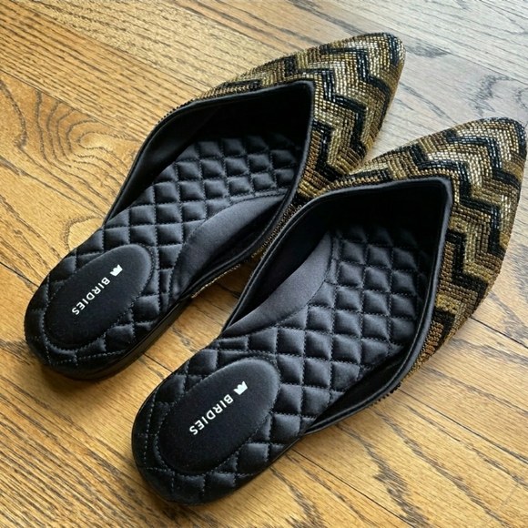 Birdies The Swan Beaded Art Deco Chevron Mule Flat in Black & Gold NEW Size 10.5 - Picture 8 of 9
